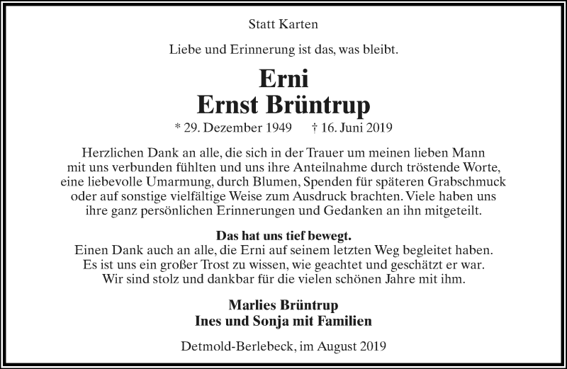  Traueranzeige für Ernst Brüntrup vom 03.08.2019 aus Lippische Landes-Zeitung