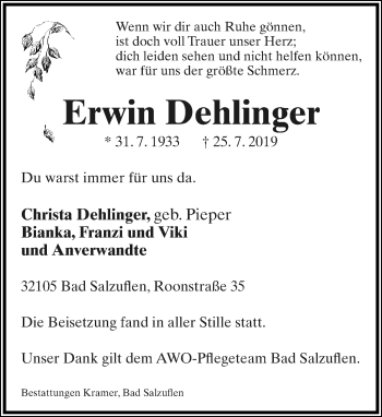 Anzeige  Erwin Dehlinger  Lippische Landes-Zeitung