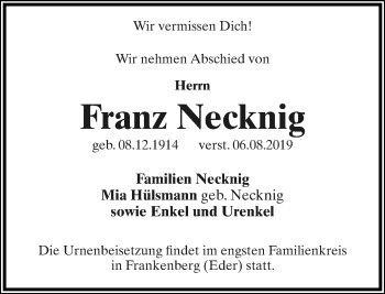 Anzeige  Franz Necknig  Lippische Landes-Zeitung