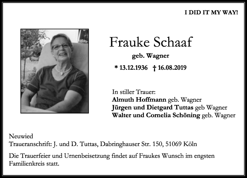  Traueranzeige für Frauke Schaaf vom 17.08.2019 aus Lippische Landes-Zeitung