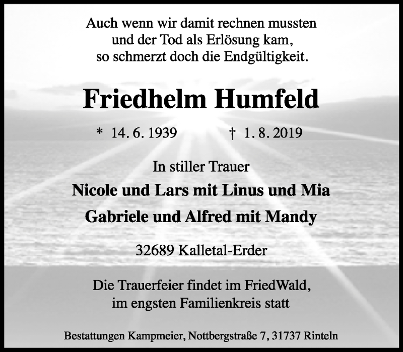  Traueranzeige für Friedhelm Humfeld vom 13.08.2019 aus Lippische Landes-Zeitung