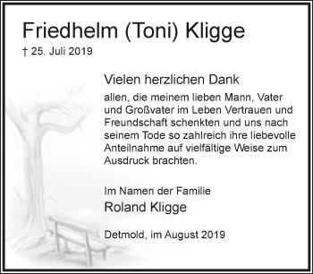 Anzeige  Friedhelm Kligge  Lippische Landes-Zeitung