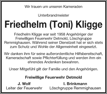 Anzeige  Friedhelm Kligge  Lippische Landes-Zeitung