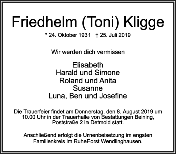 Anzeige  Friedhelm Kligge  Lippische Landes-Zeitung
