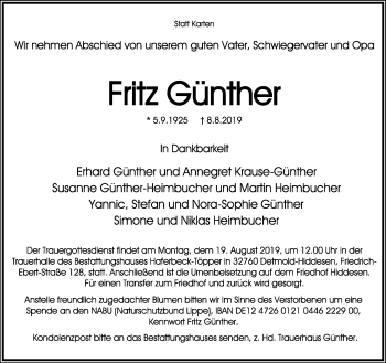 Anzeige  Fritz Günther  Lippische Landes-Zeitung