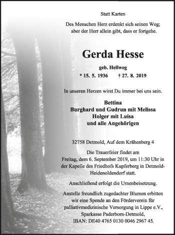 Anzeige  Gerda Hesse  Lippische Landes-Zeitung