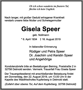 Anzeige  Gisela Speer  Lippische Landes-Zeitung