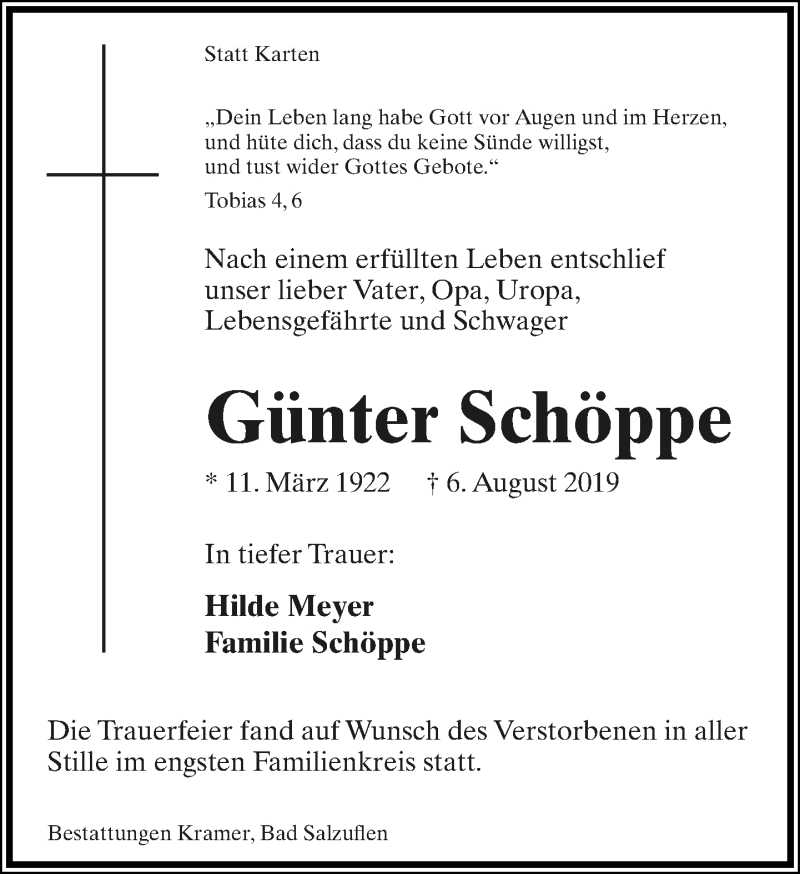 Traueranzeige für Günter Schöppe vom 17.08.2019 aus Lippische Landes-Zeitung