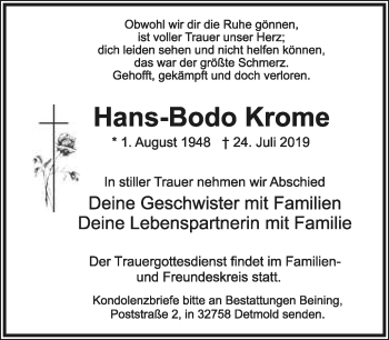 Anzeige  Hans-Bodo Krome  Lippische Landes-Zeitung