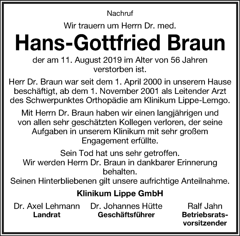  Traueranzeige für Hans-Gottfried Braun vom 17.08.2019 aus Lippische Landes-Zeitung