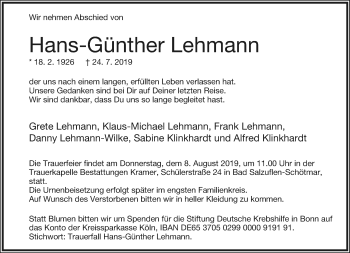 Anzeige  Hans-Günther Lehmann  Lippische Landes-Zeitung