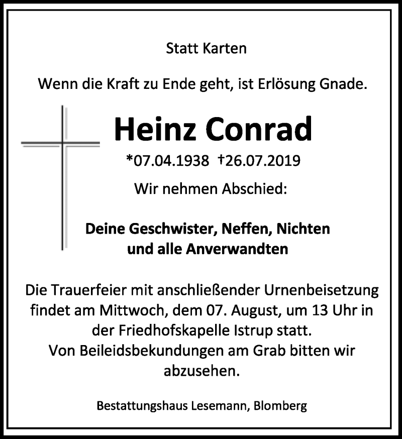  Traueranzeige für Heinz Conrad vom 03.08.2019 aus Lippische Landes-Zeitung