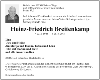 Anzeige  Heinz-Friedrich Breitenkamp  Lippische Landes-Zeitung