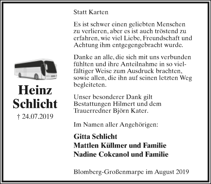  Traueranzeige für Heinz Schlicht vom 24.08.2019 aus Lippische Landes-Zeitung
