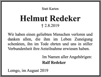 Anzeige  Helmut Redeker  Lippische Landes-Zeitung