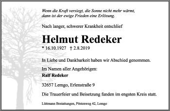 Anzeige  Helmut Redeker  Lippische Landes-Zeitung