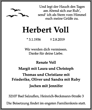 Anzeige  Herbert Voll  Lippische Landes-Zeitung