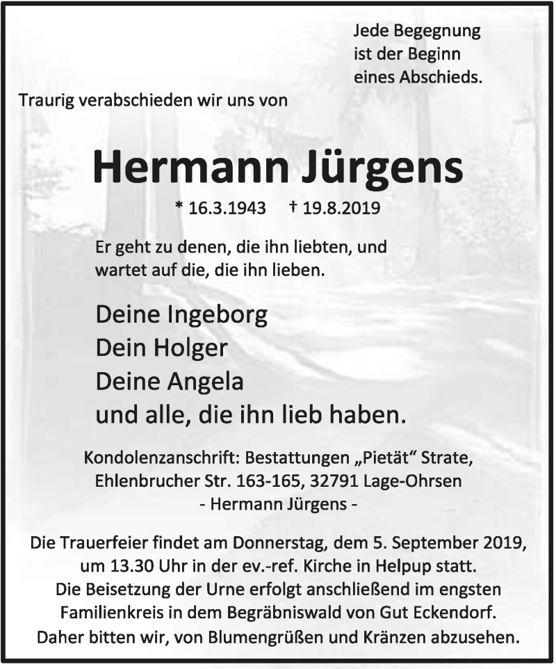  Traueranzeige für Hermann Jürgens vom 28.08.2019 aus Lippische Landes-Zeitung