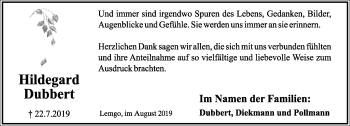 Anzeige  Hildegard Dubbert  Lippische Landes-Zeitung