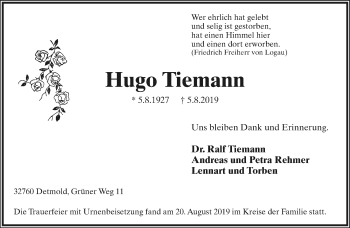 Anzeige  Hugo Tiemann  Lippische Landes-Zeitung