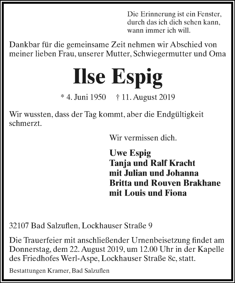  Traueranzeige für Ilse Espig vom 17.08.2019 aus Lippische Landes-Zeitung