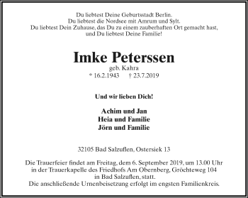 Anzeige  Imke Peterssen  Lippische Landes-Zeitung