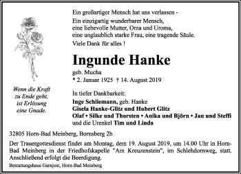 Anzeige  Ingunde Hanke  Lippische Landes-Zeitung