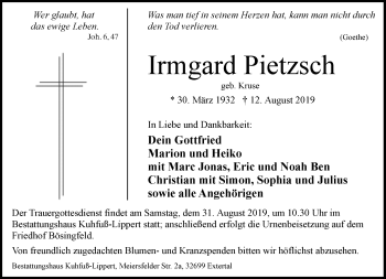 Anzeige  Irmgard Pietzsch  Lippische Landes-Zeitung