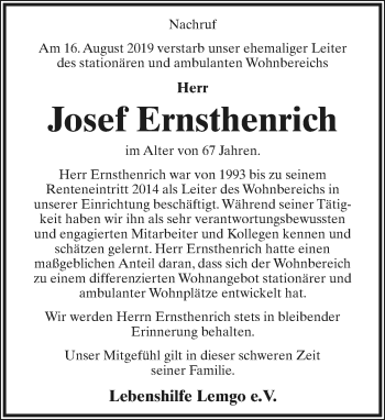 Anzeige  Josef Ernsthenrich  Lippische Landes-Zeitung