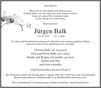 Anzeige  Jürgen Balk  Lippische Landes-Zeitung