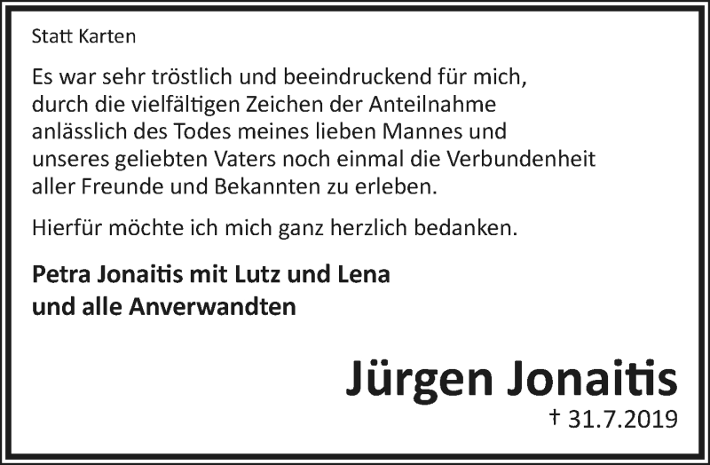  Traueranzeige für Jürgen Jonaitis vom 24.08.2019 aus Lippische Landes-Zeitung