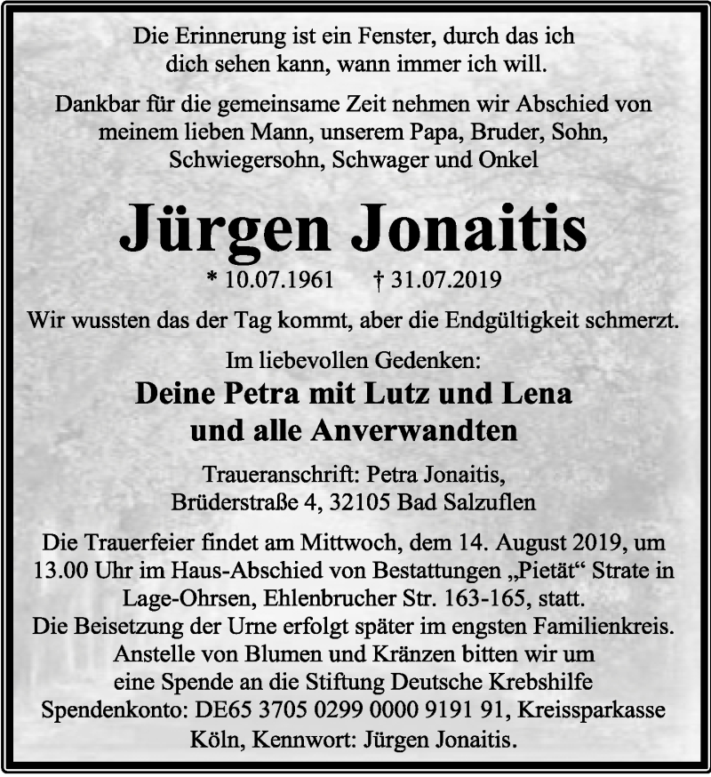  Traueranzeige für Jürgen Jonaitis vom 10.08.2019 aus Lippische Landes-Zeitung