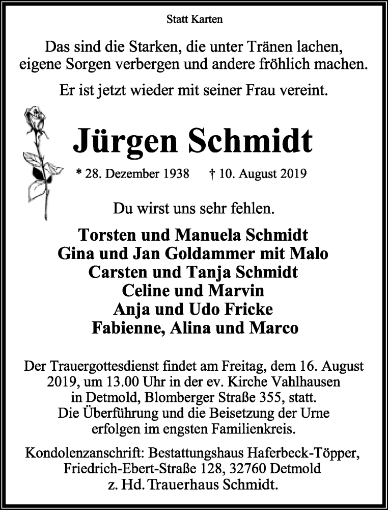  Traueranzeige für Jürgen Schmidt vom 14.08.2019 aus Lippische Landes-Zeitung