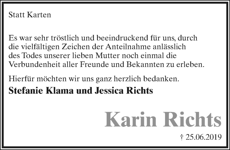  Traueranzeige für Karin Richts vom 03.08.2019 aus Lippische Landes-Zeitung