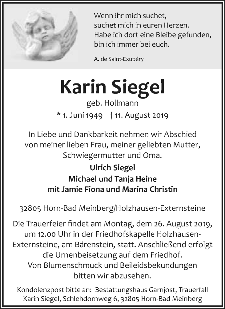  Traueranzeige für Karin Siegel vom 22.08.2019 aus Lippische Landes-Zeitung