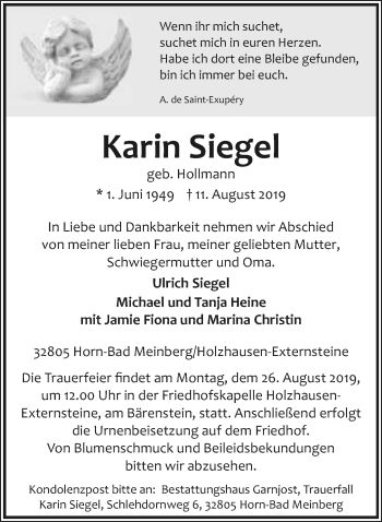 Anzeige  Karin Siegel  Lippische Landes-Zeitung