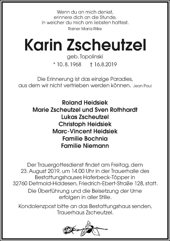  Traueranzeige für Karin Zscheutzel vom 21.08.2019 aus Lippische Landes-Zeitung