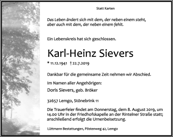 Anzeige  Karl-Heinz Sievers  Lippische Landes-Zeitung