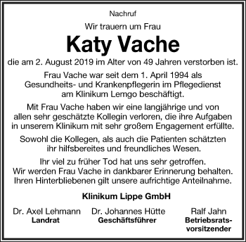 Anzeige  Katy Vache  Lippische Landes-Zeitung