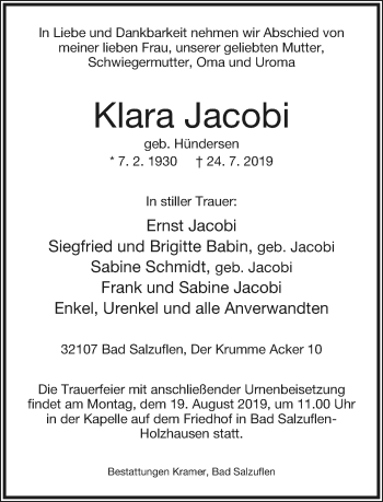 Anzeige  Klara Jacobi  Lippische Landes-Zeitung