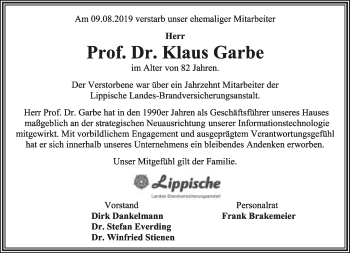 Anzeige  Klaus Garbe  Lippische Landes-Zeitung