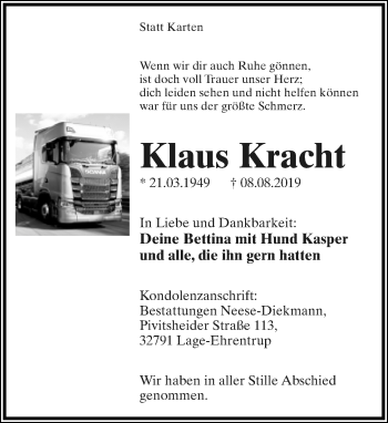 Anzeige  Klaus Kracht  Lippische Landes-Zeitung