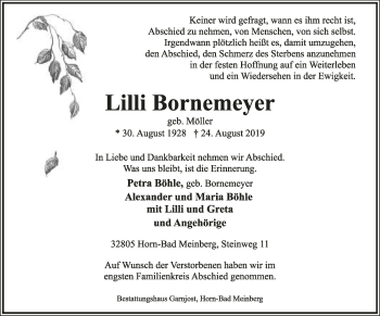 Anzeige  Lilli Bornemeyer  Lippische Landes-Zeitung