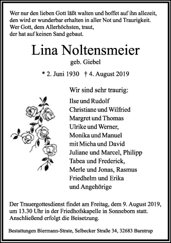 Anzeige  Lina Noltensmeier  Lippische Landes-Zeitung