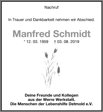 Anzeige  Manfred Schmidt  Lippische Landes-Zeitung