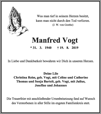 Anzeige  Manfred Vogt  Lippische Landes-Zeitung