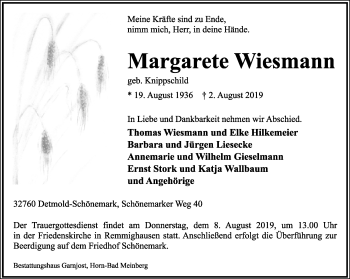 Anzeige  Margarete Wiesmann  Lippische Landes-Zeitung