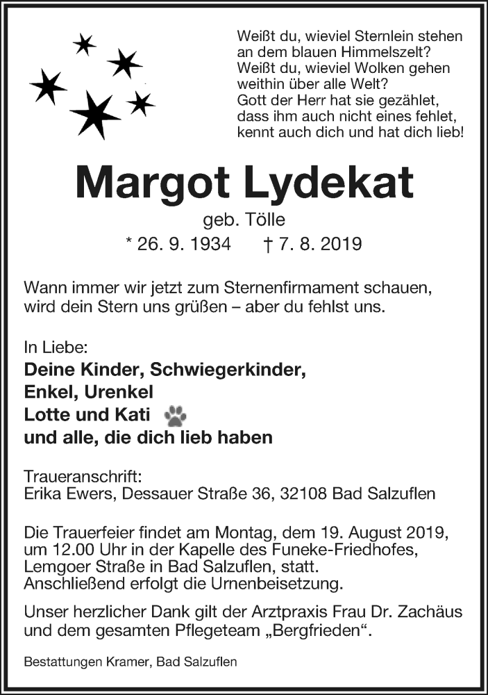  Traueranzeige für Margot Lydekat vom 10.08.2019 aus Lippische Landes-Zeitung