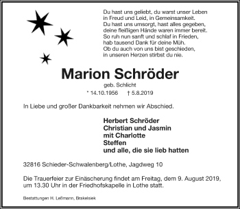 Anzeige  Marion Schröder  Lippische Landes-Zeitung