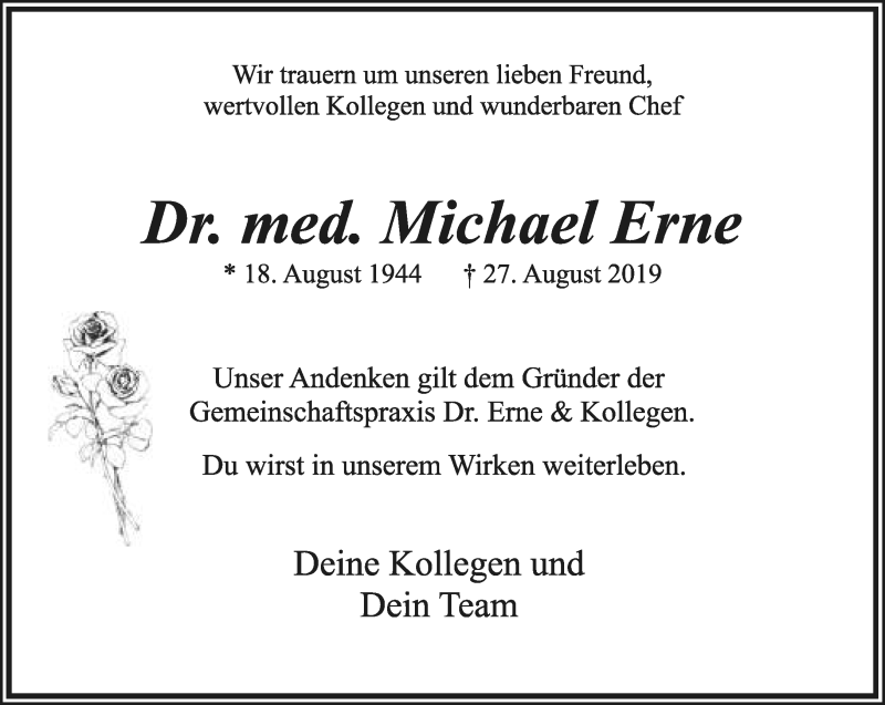  Traueranzeige für Michael Erne vom 31.08.2019 aus Lippische Landes-Zeitung